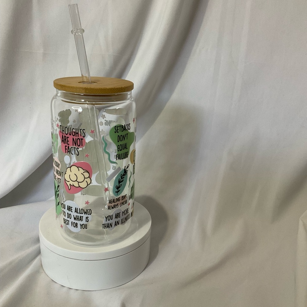 16 Ounce Handmade Glass Can Cup W/Lid & Straw, Mental Health Matters - Picture 4 of 5